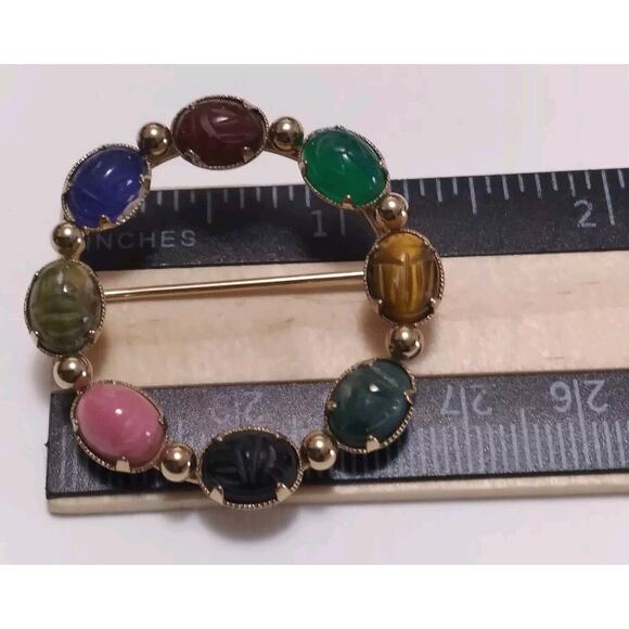 K L Brooch Egyptian Revival Style Scarab Shape Stones Marked 12K G. F. Goldtone - Picture 7 of 8
